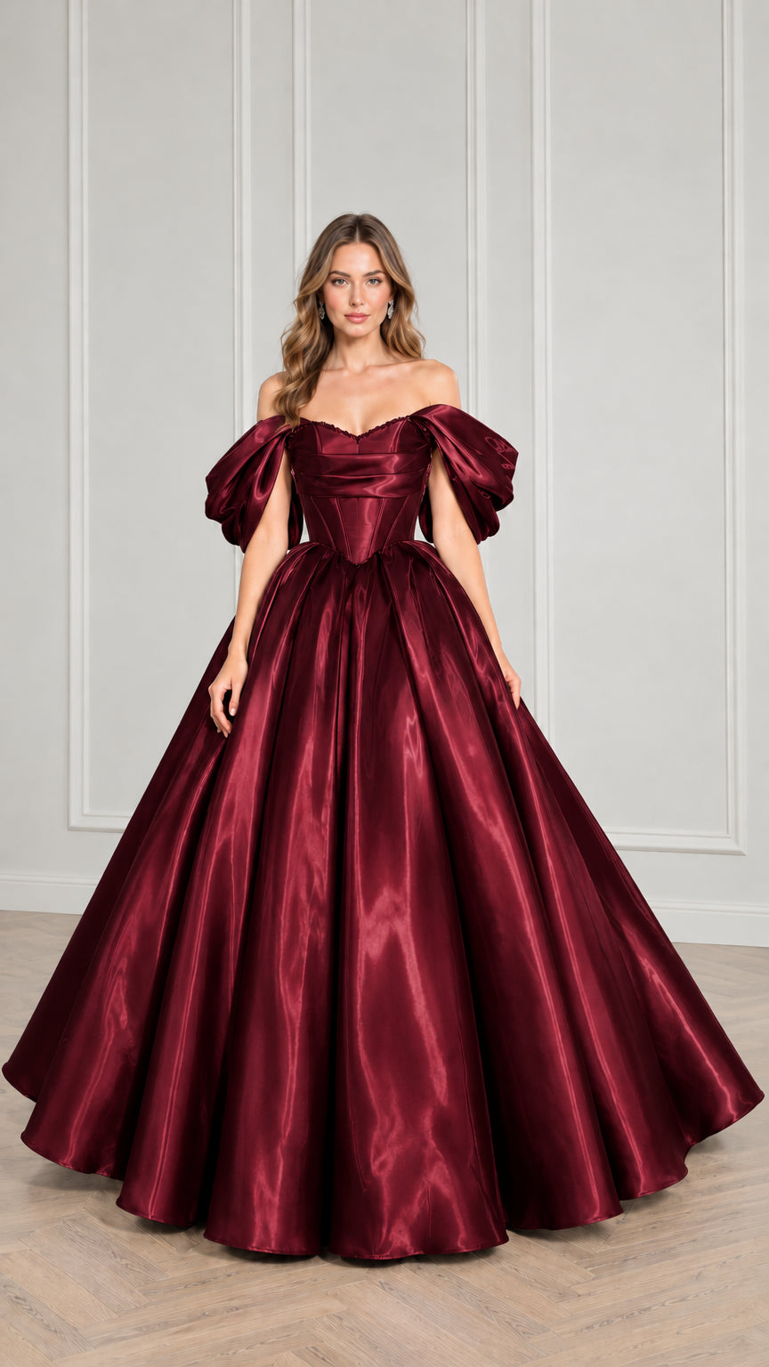 Front view of burgundy satin off-the-shoulder formal corset ball gown