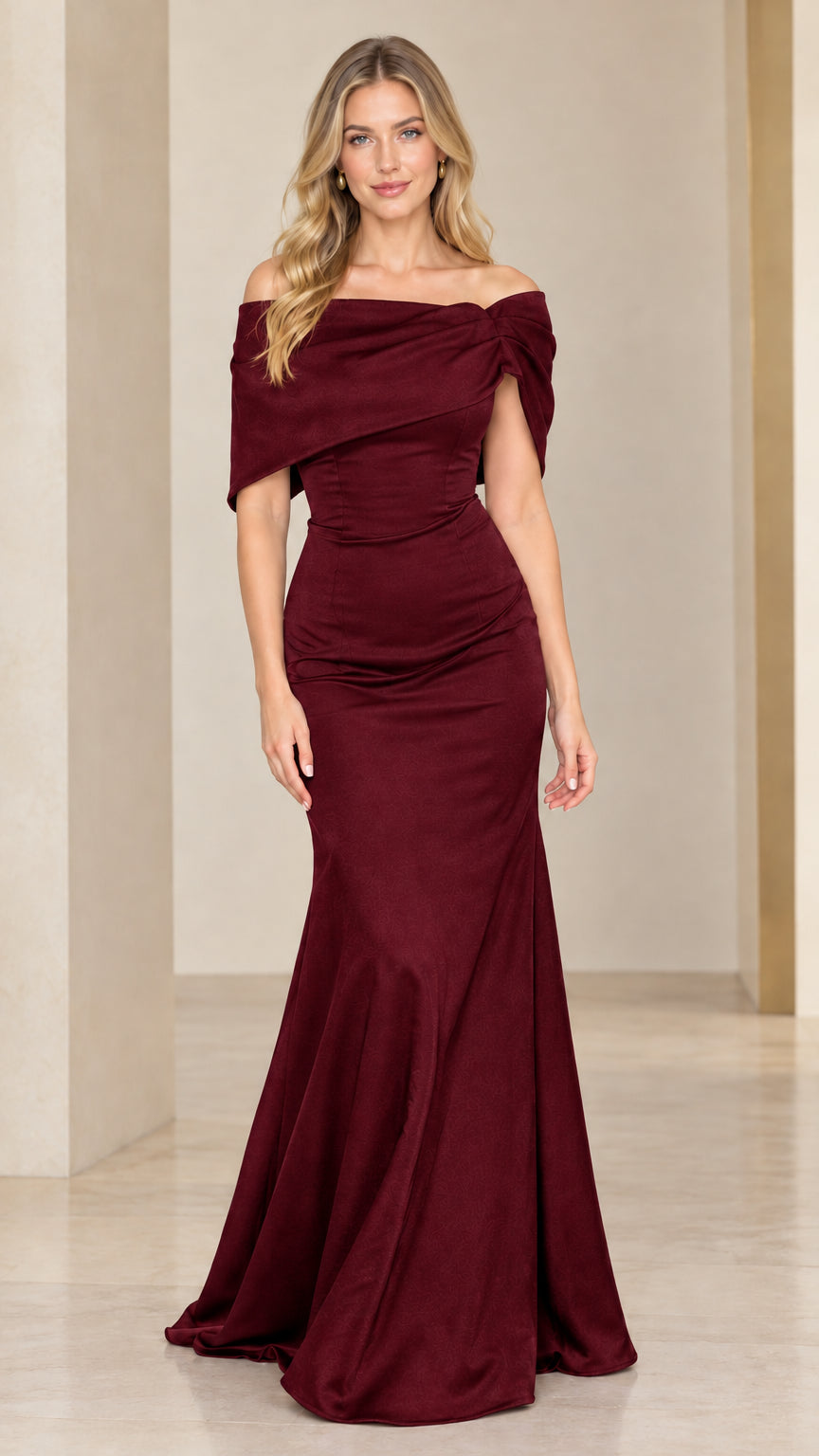 Full-length front view of the burgundy wine off-the-shoulder formal mermaid gown