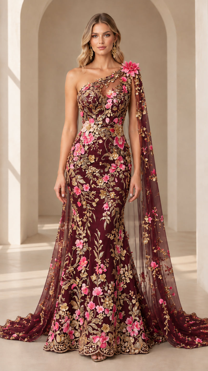 Full-length front view of burgundy one-shoulder formal gown with rich floral embroidery and cape train