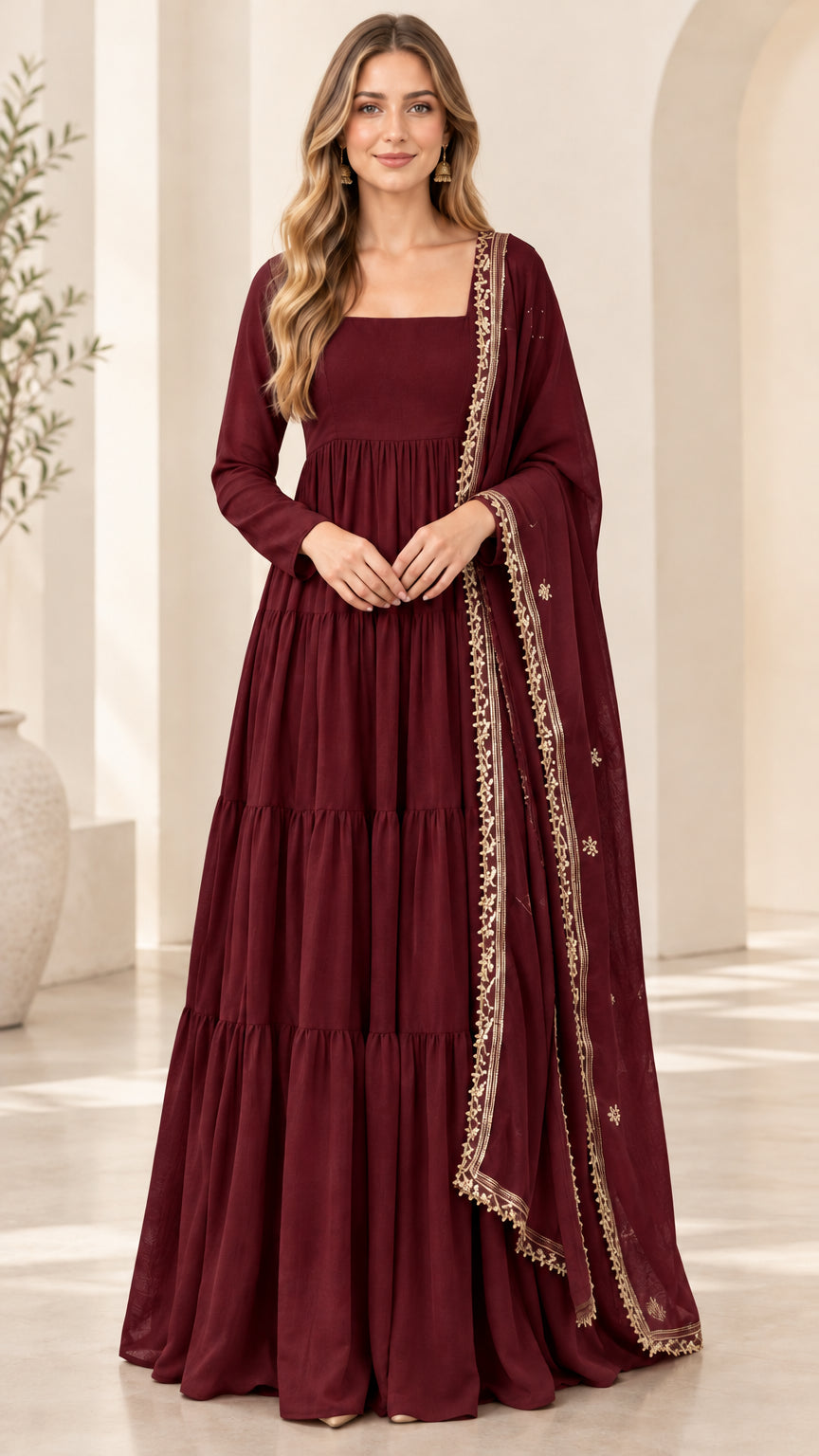 Burgundy wine tiered maxi dress set featuring full sleeves and embroidered dupatta