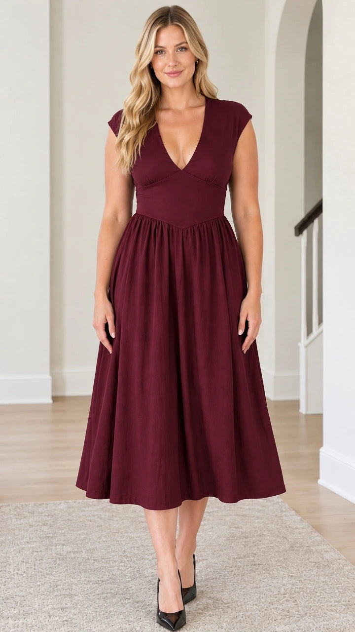 Front view of model wearing Burgundy wine red deep V-neck A-line midi dress
