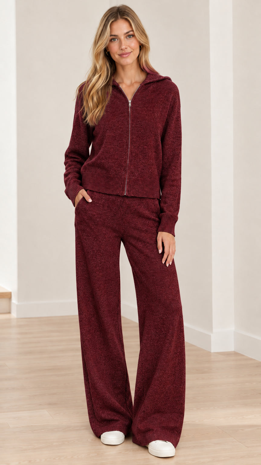Full front view of model wearing Burgundy knit zip-up hoodie and wide-leg pants set