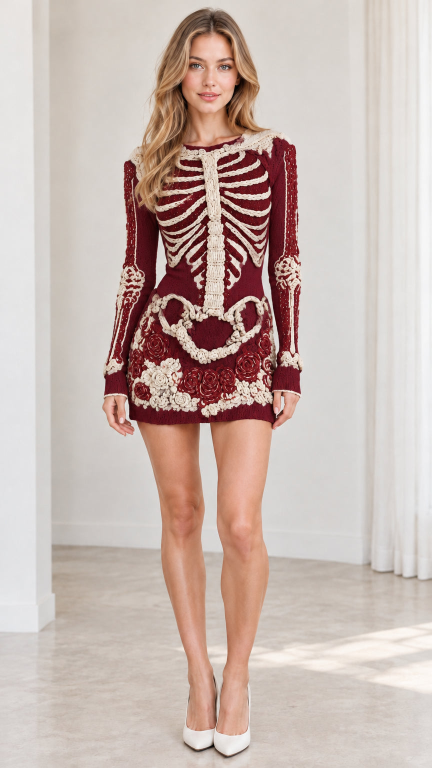 Model wearing burgundy colorway of the embroidered skeleton and rose knit long sleeve mini dress