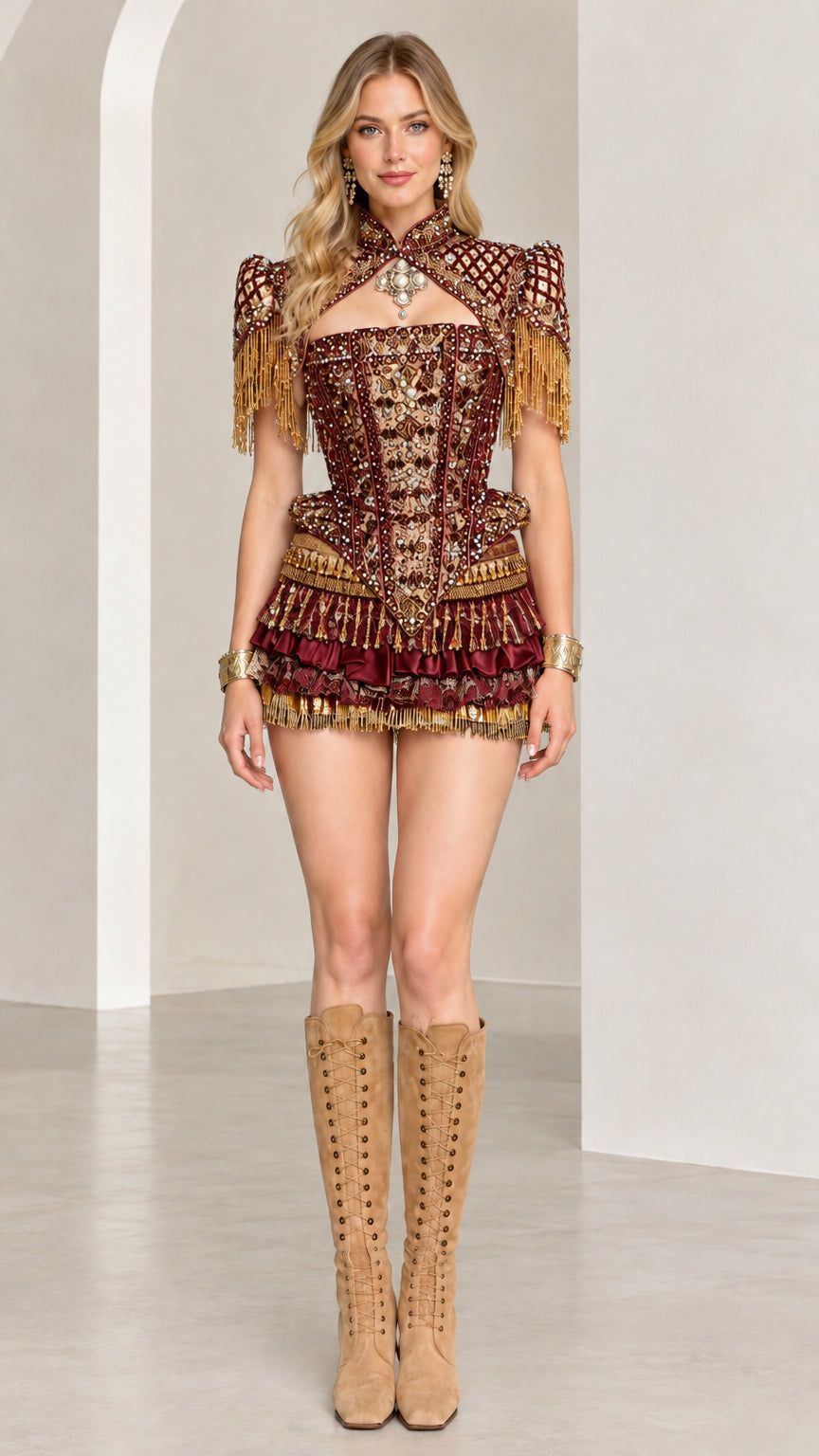 Model wearing burgundy red embellished corset mini dress with fringe details