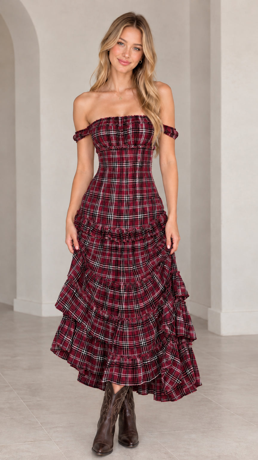 Model wearing burgundy red plaid off-the-shoulder tiered maxi dress