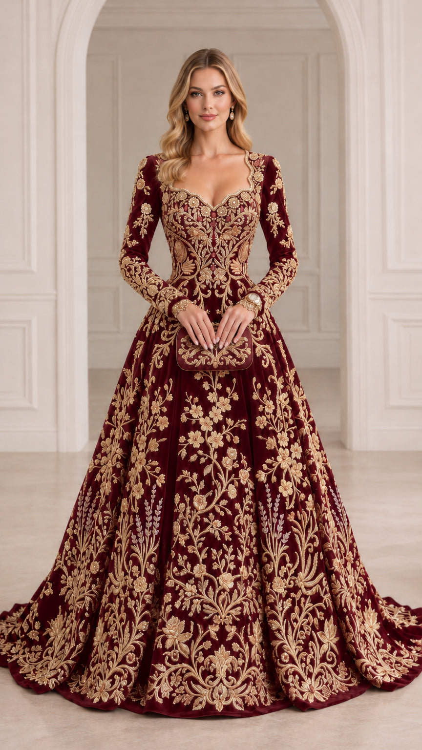 Burgundy wine red embroidered long sleeve velvet ball gown