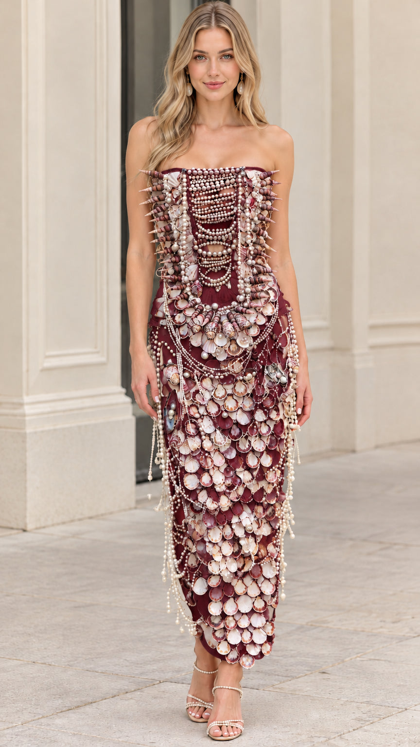 Model wearing burgundy strapless midi dress with intricate shell and pearl appliqués
