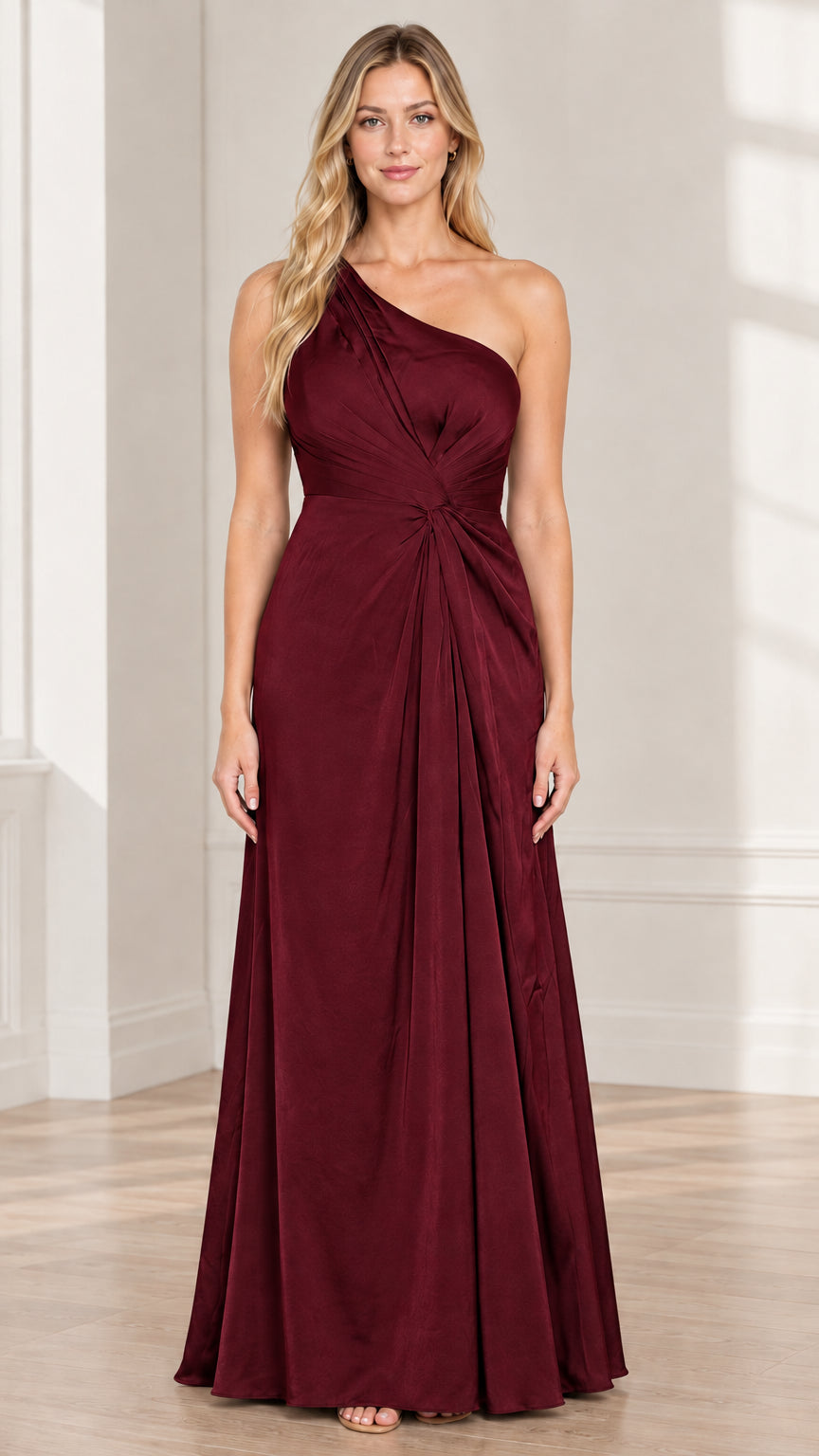 Woman wearing burgundy wine red one-shoulder formal maxi dress