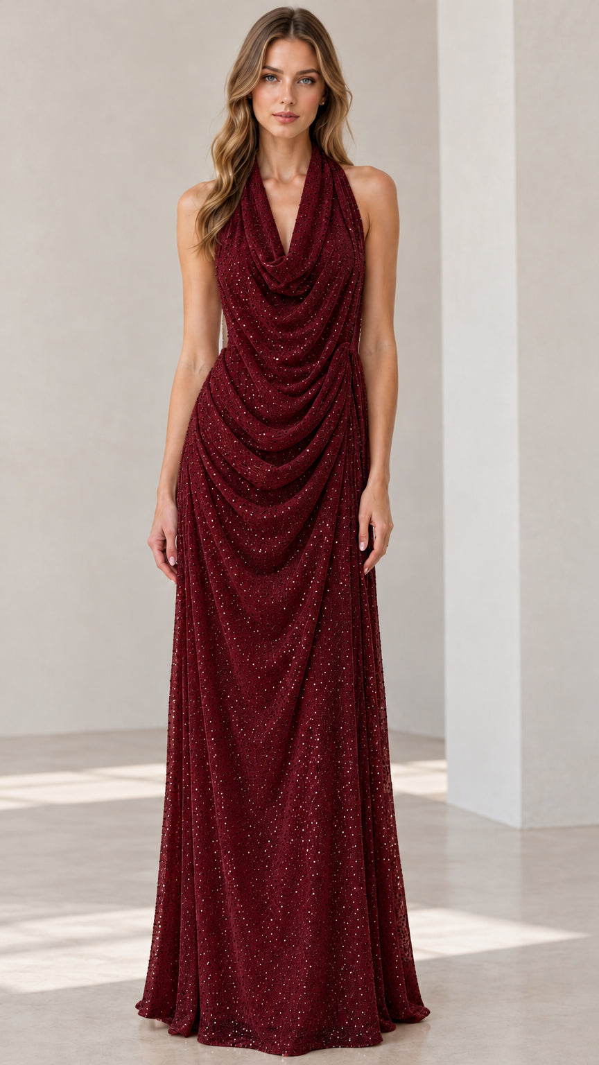 Model wearing Burgundy wine red halter cowl neck draped evening gown