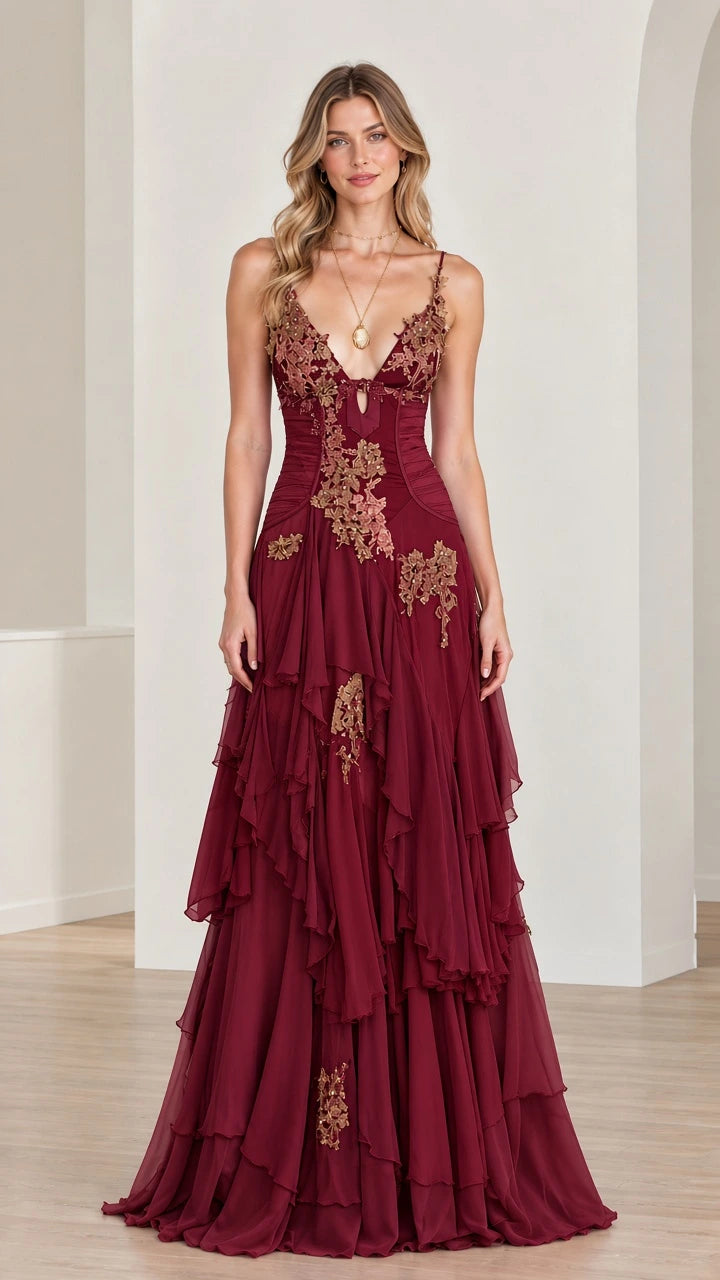 Front view of burgundy red embroidered tiered ruffle maxi evening dress