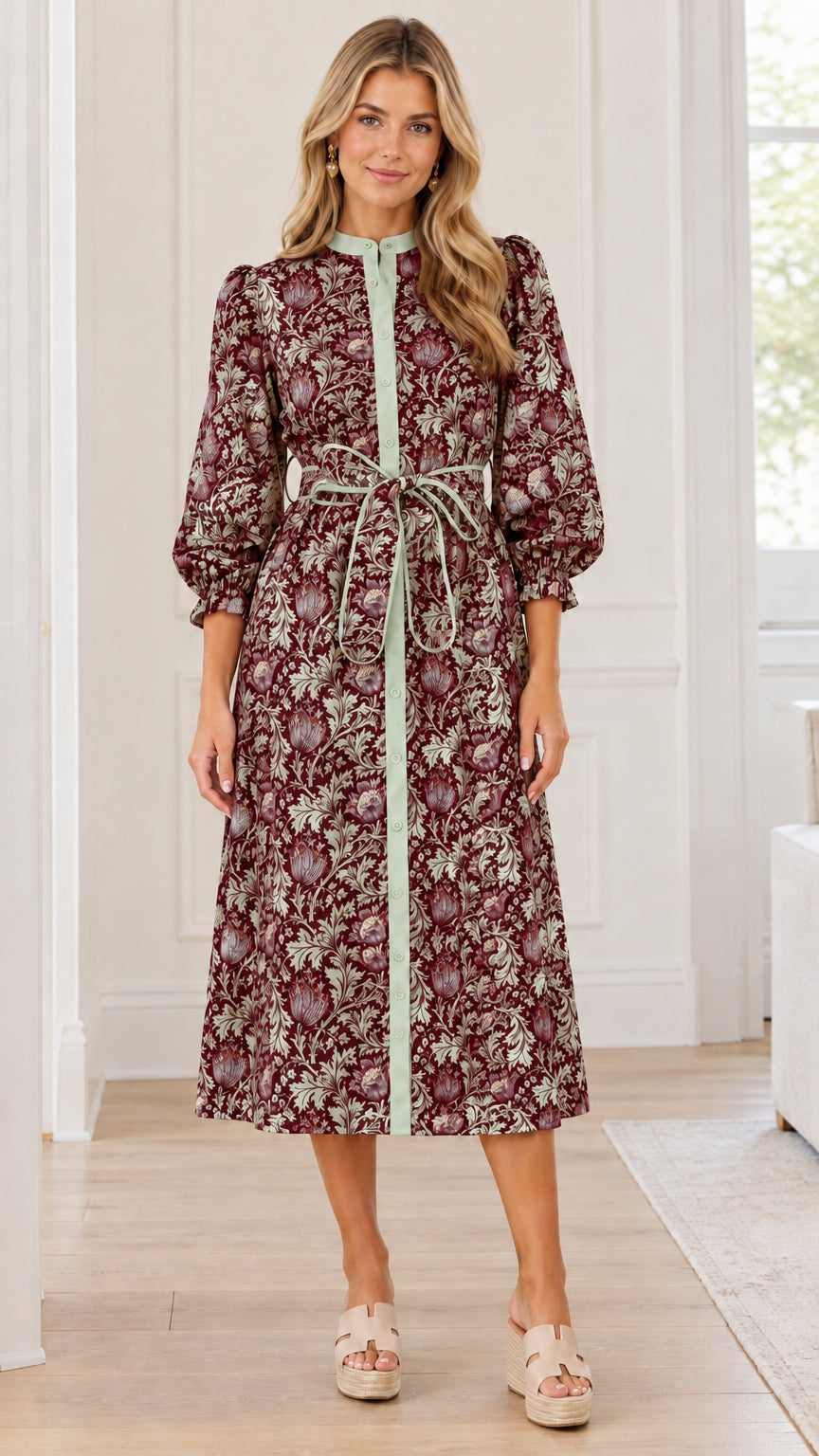 Front view of woman wearing burgundy wine floral print button-front midi dress