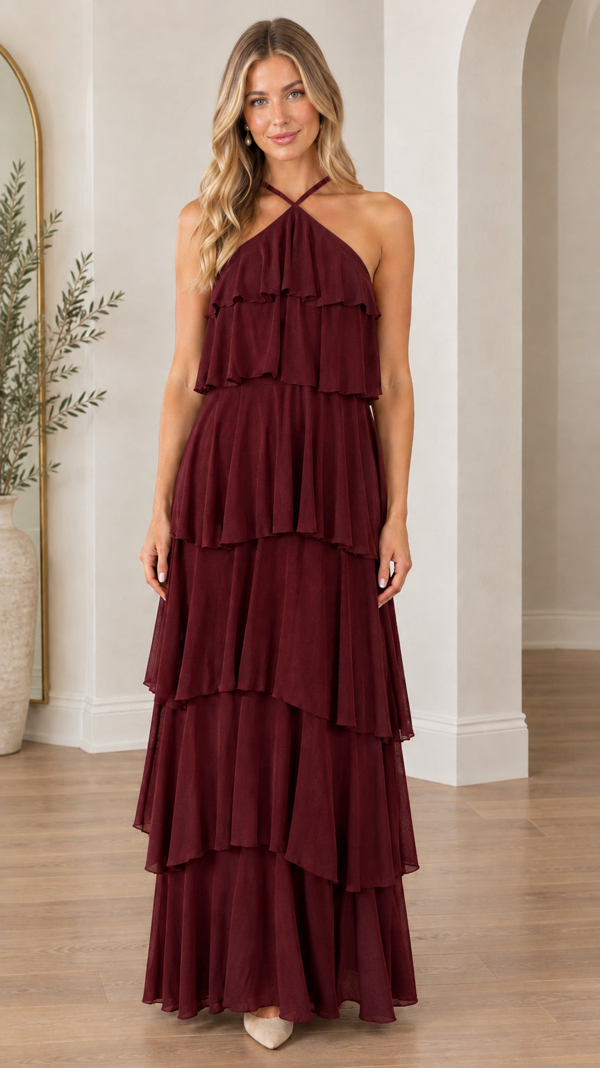 Model wearing burgundy wine halter neck tiered ruffle maxi dress