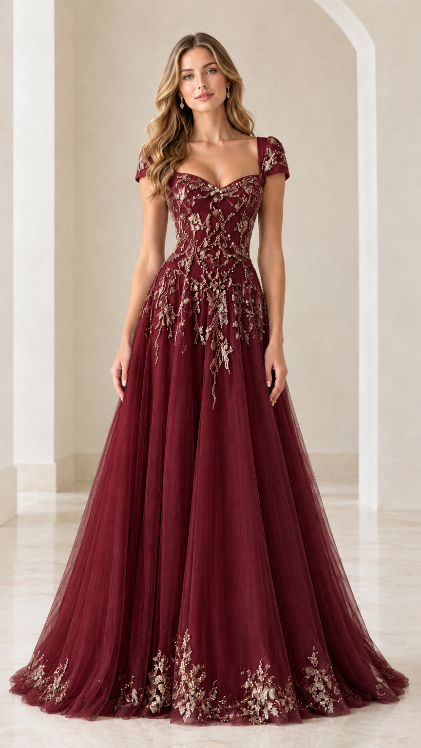 Burgundy wine red embroidered cap-sleeve tulle evening gown