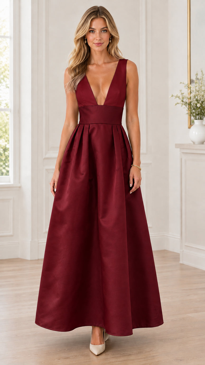 Front view of model wearing monochrome burgundy deep V-neck sleeveless evening gown