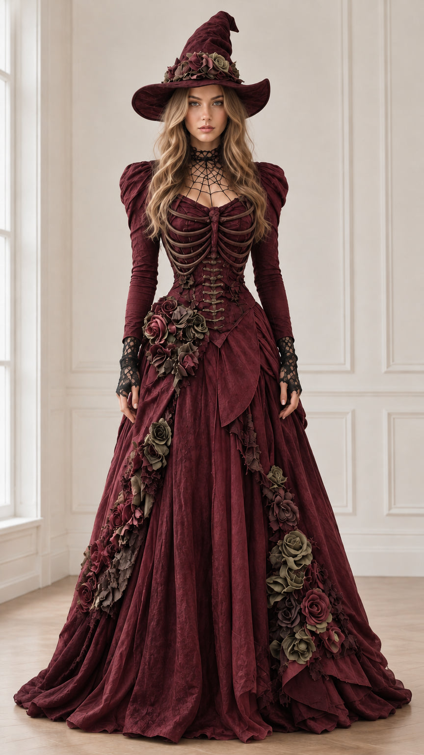 Burgundy red version of the gothic Victorian witch ball gown with sculpted bodice