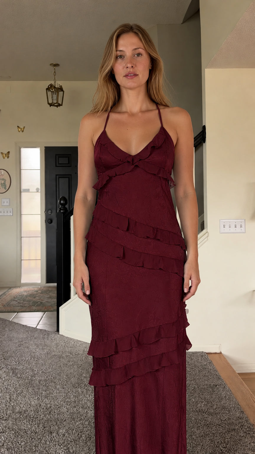 Burgundy tiered ruffle satin maxi dress with crisscross back