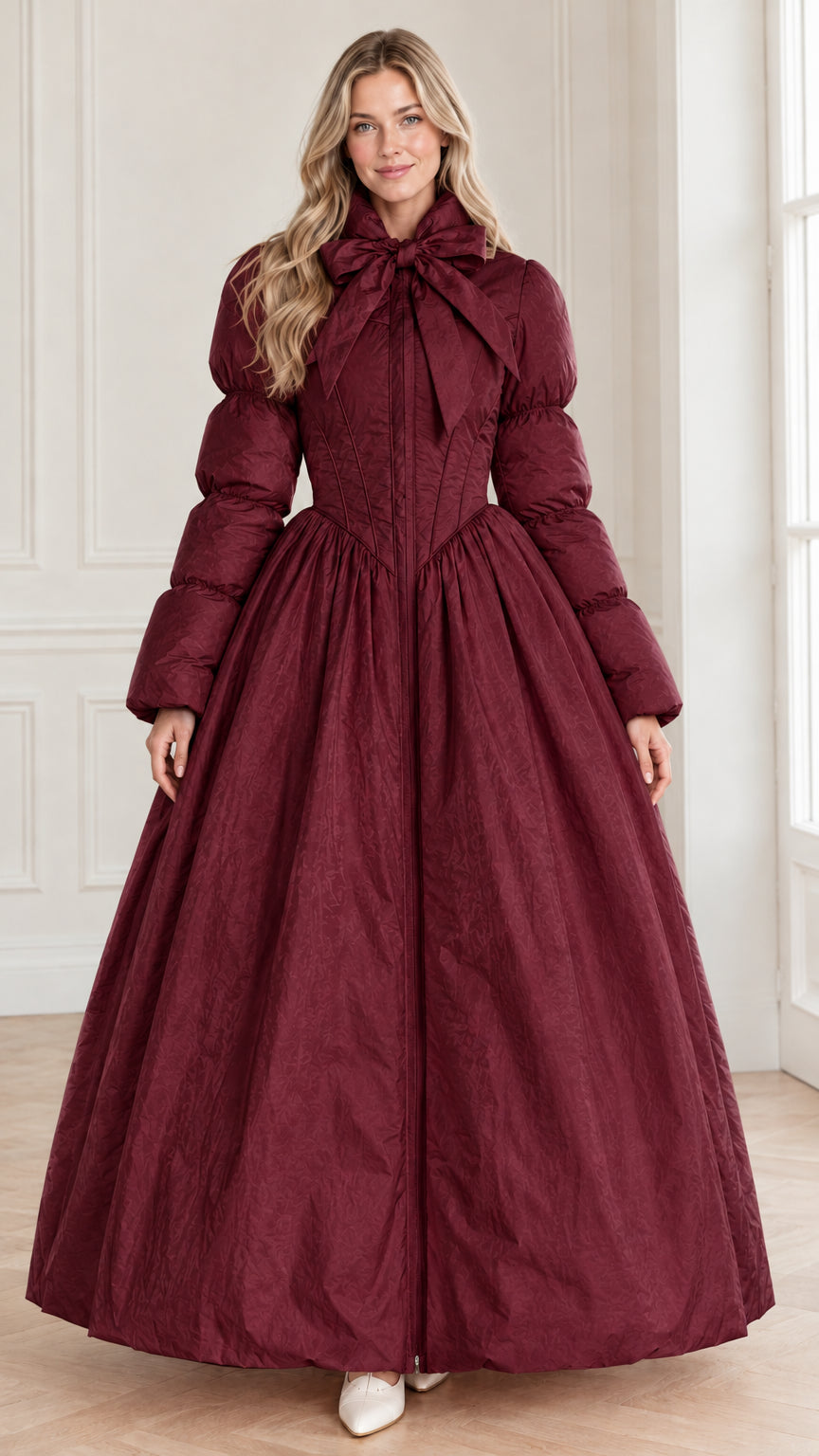 Full-length front view of model in the dramatic ballgown puffer coat in burgundy wine red