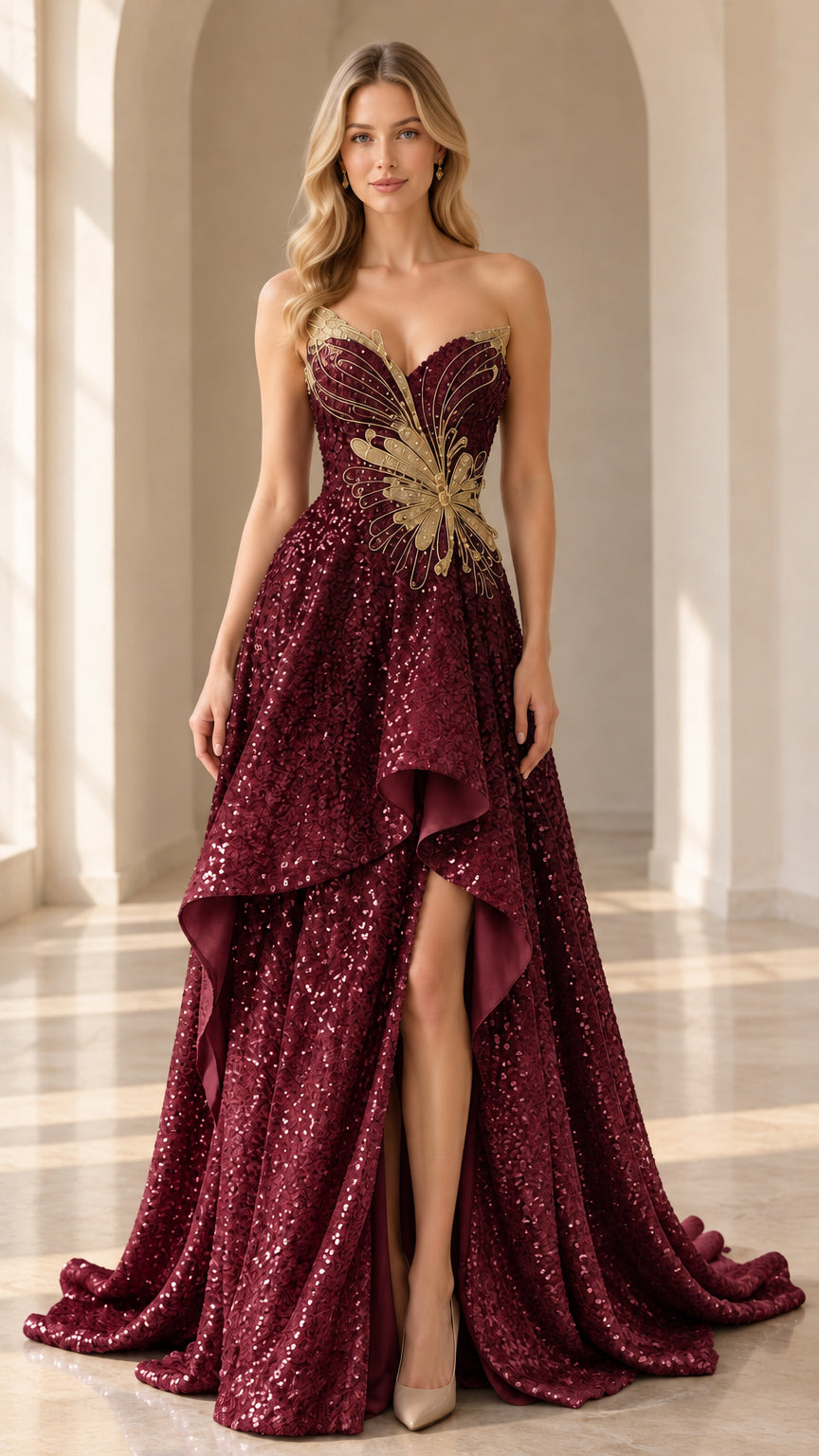 Front view of the strapless burgundy wine red ombre sequin evening gown with gold butterfly embroidery