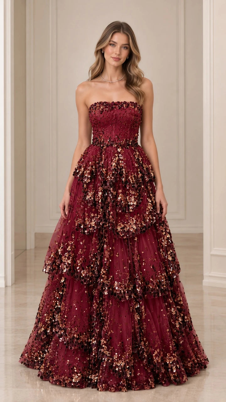 Front view of burgundy red strapless tiered sequin ball gown