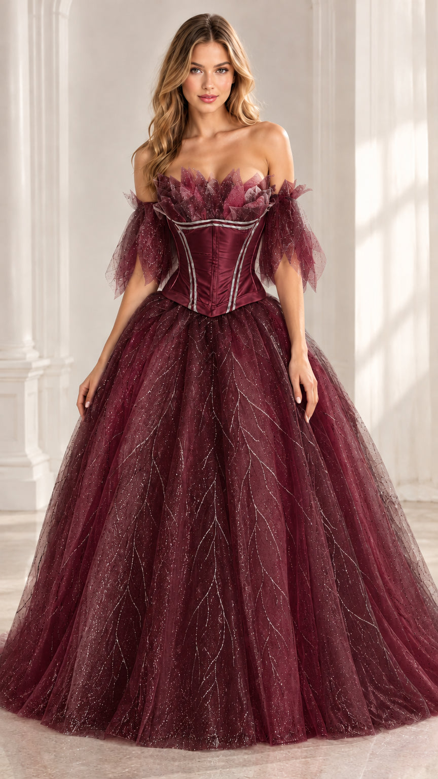Front view of burgundy red sparkle tulle off-shoulder ball gown