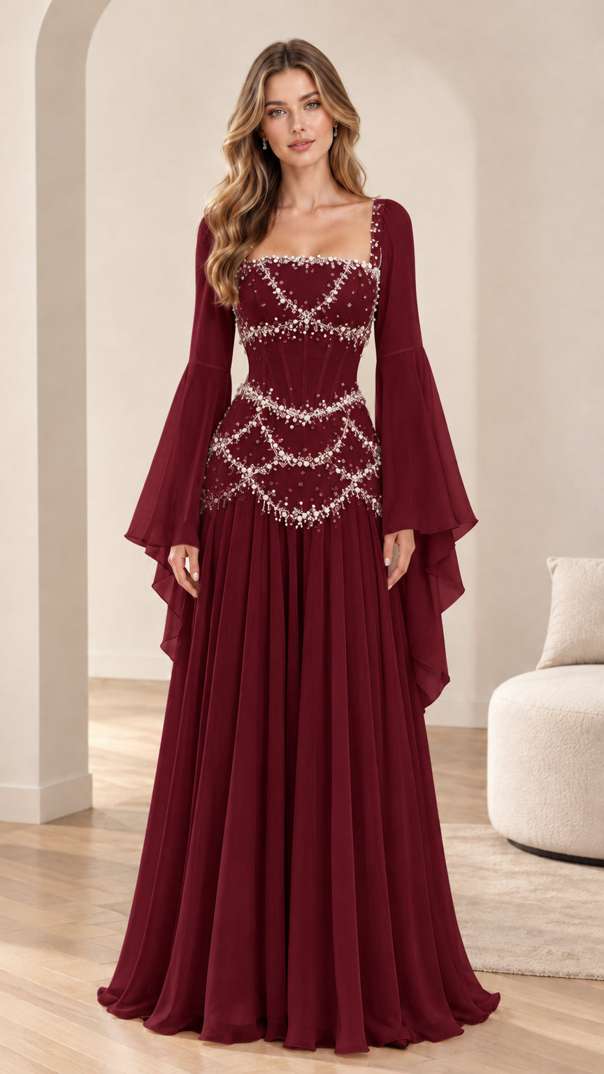 Model wearing deep burgundy wine-colored formal maxi dress with pearl draping