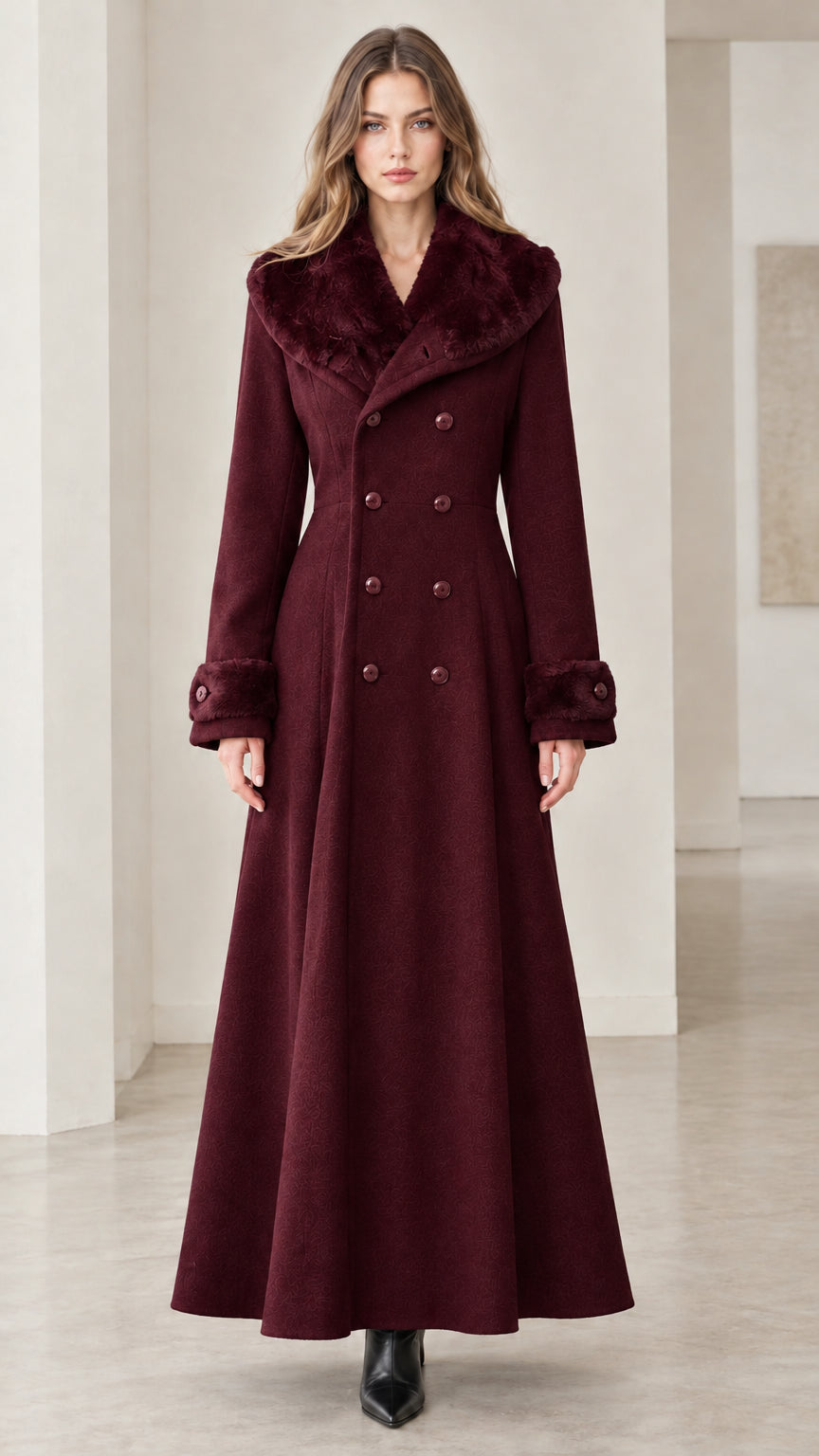Full-length front view of women's burgundy double-breasted maxi coat with matching faux-fur trim