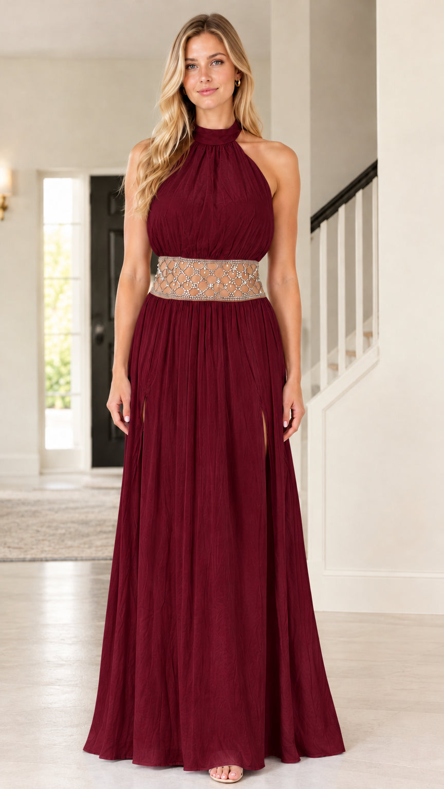Burgundy halter neck floor-length dress with sparkling waistband