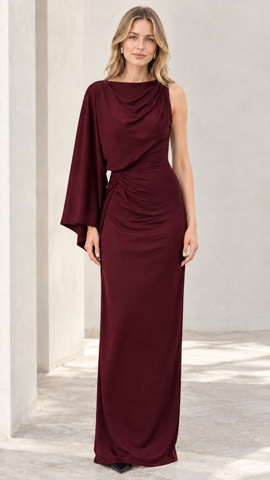Burgundy wine red one-shoulder cape sleeve ruched maxi evening dress