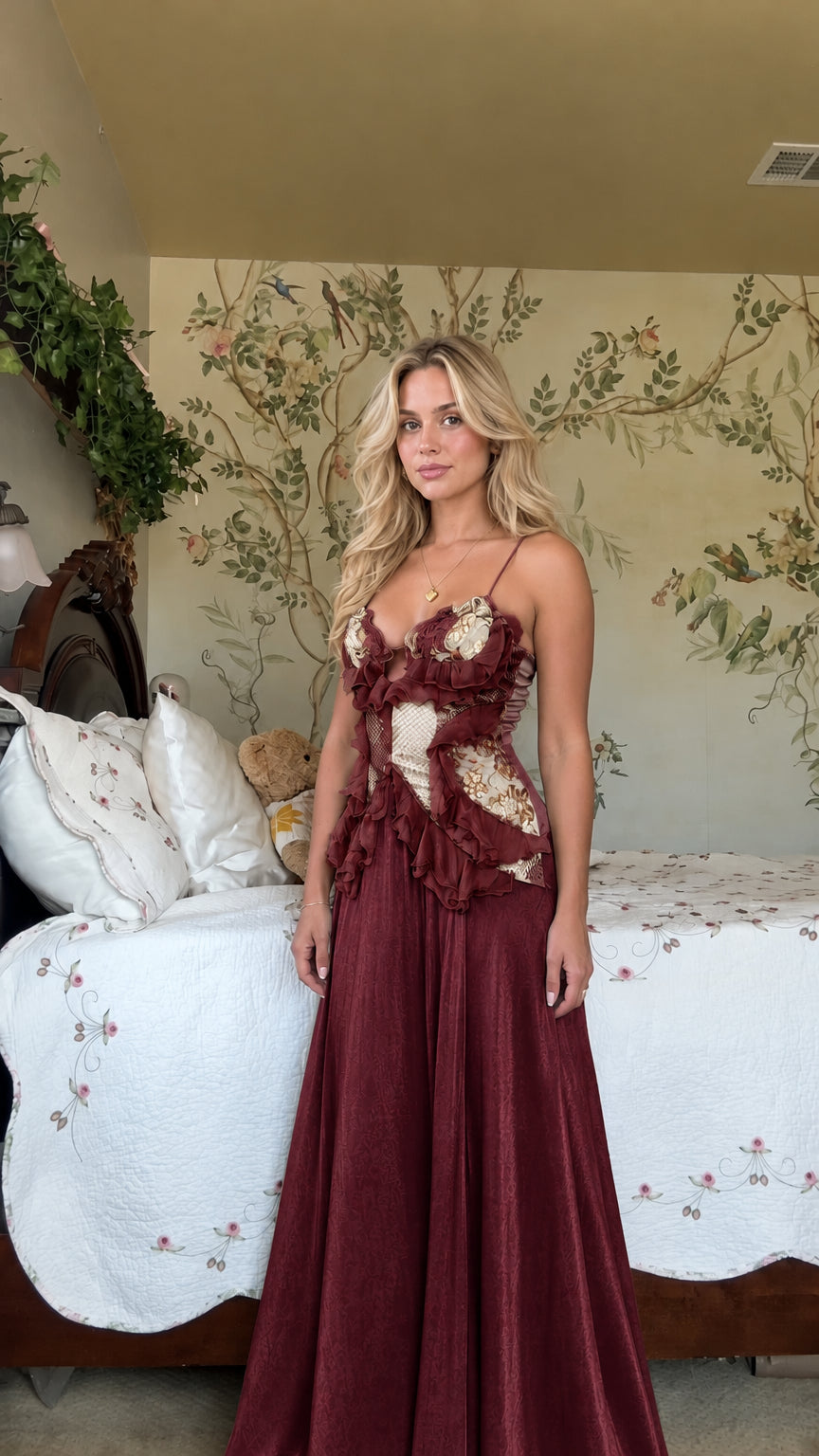 Burgundy wine red corset lace applique maxi evening gown