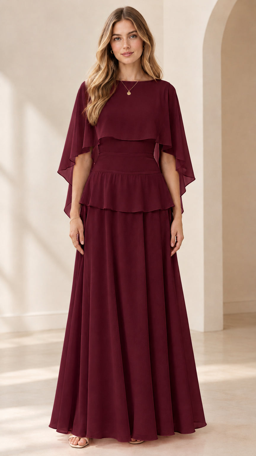 Full front view of burgundy wine capelet tiered chiffon maxi dress