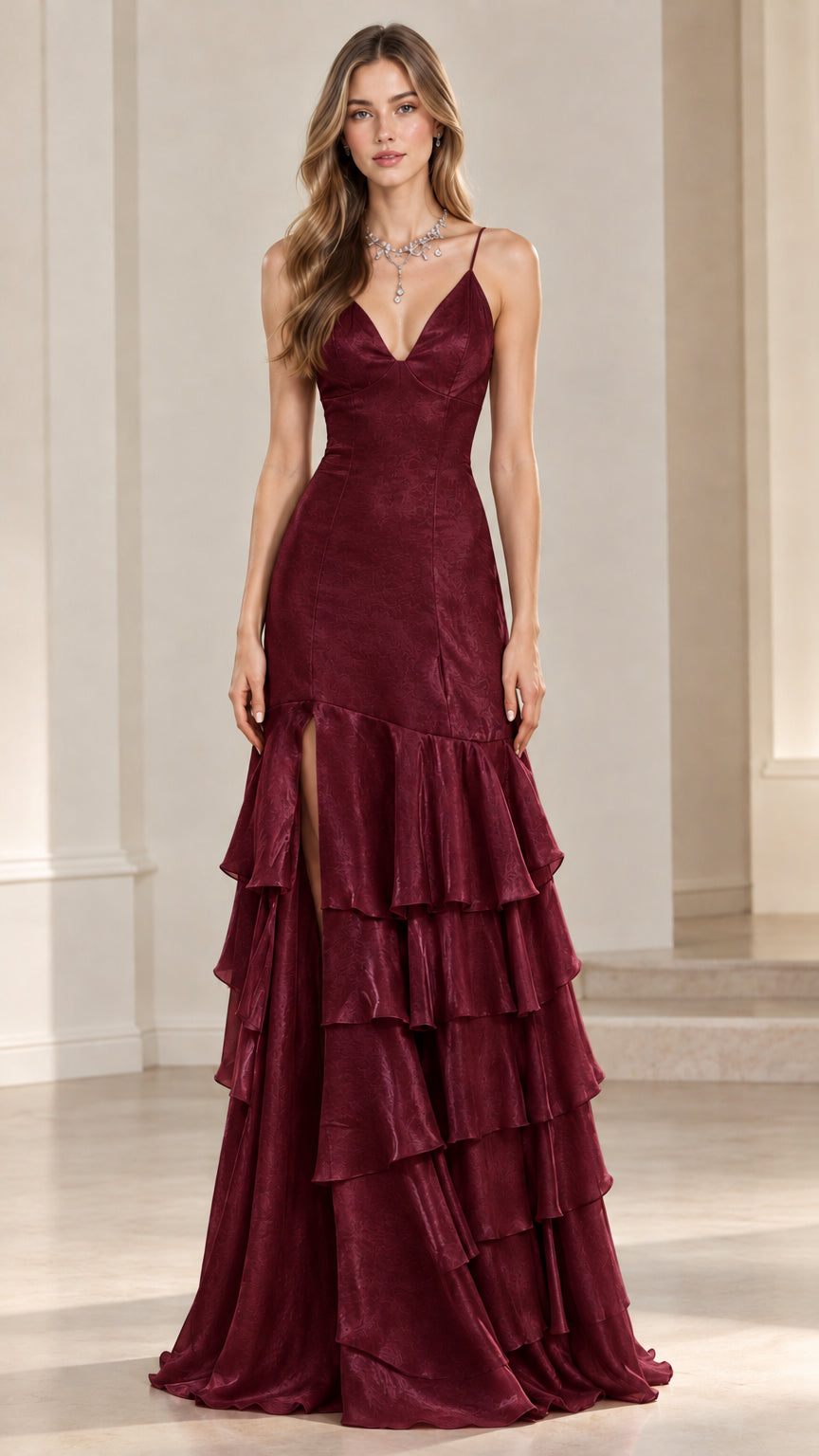 Front view of a woman wearing a burgundy wine tiered ruffle formal evening gown