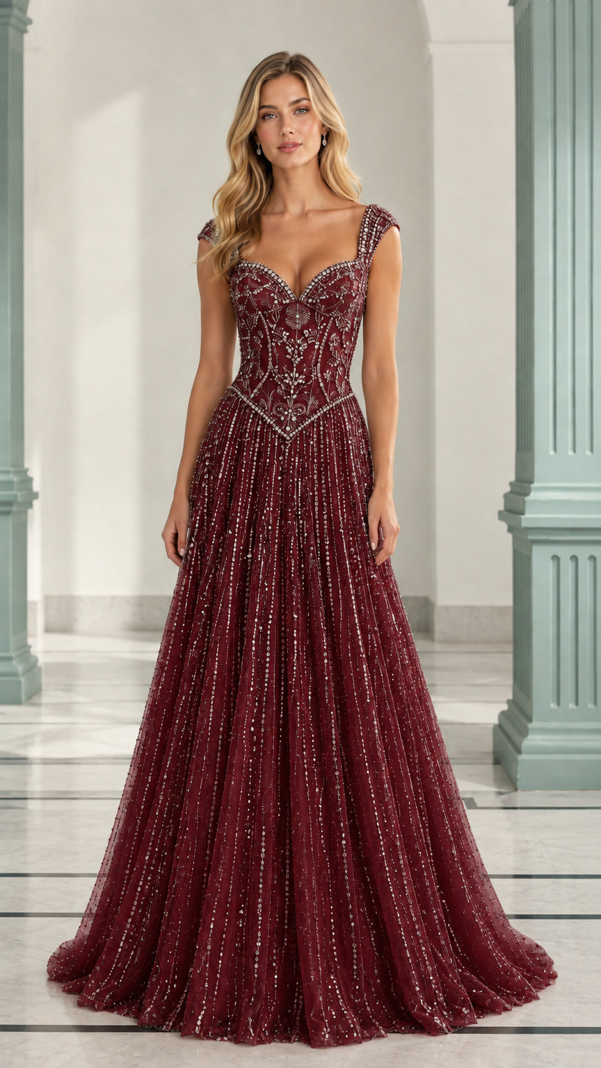 Front view of model wearing a Burgundy wine red beaded formal gala gown