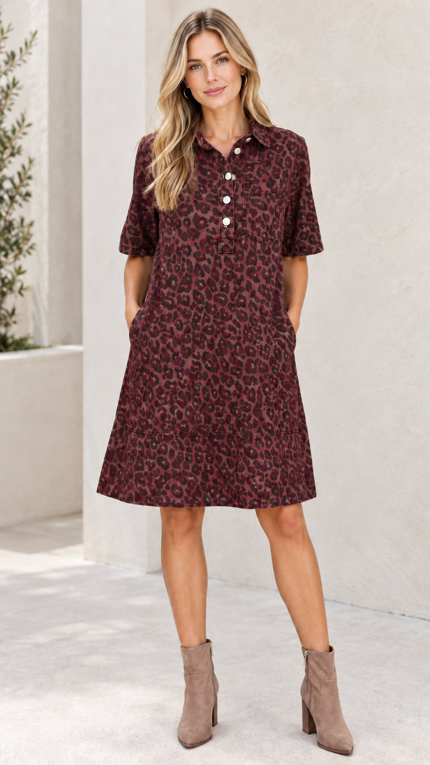 Model wearing burgundy wine leopard print collared shirt dress