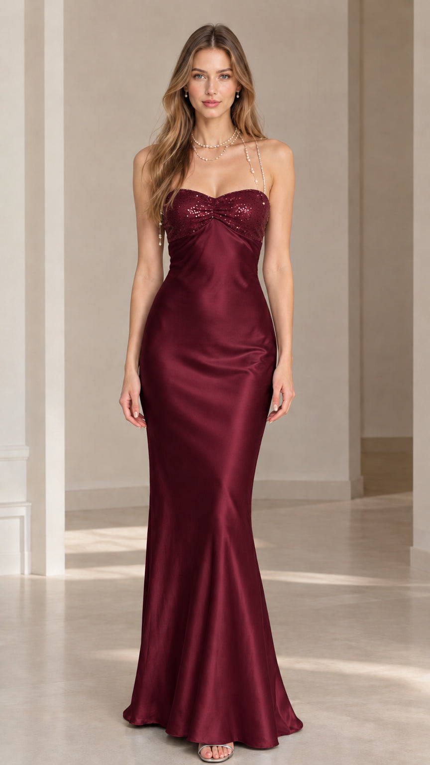 Front view of model wearing Burgundy wine red sequin sweetheart satin maxi dress