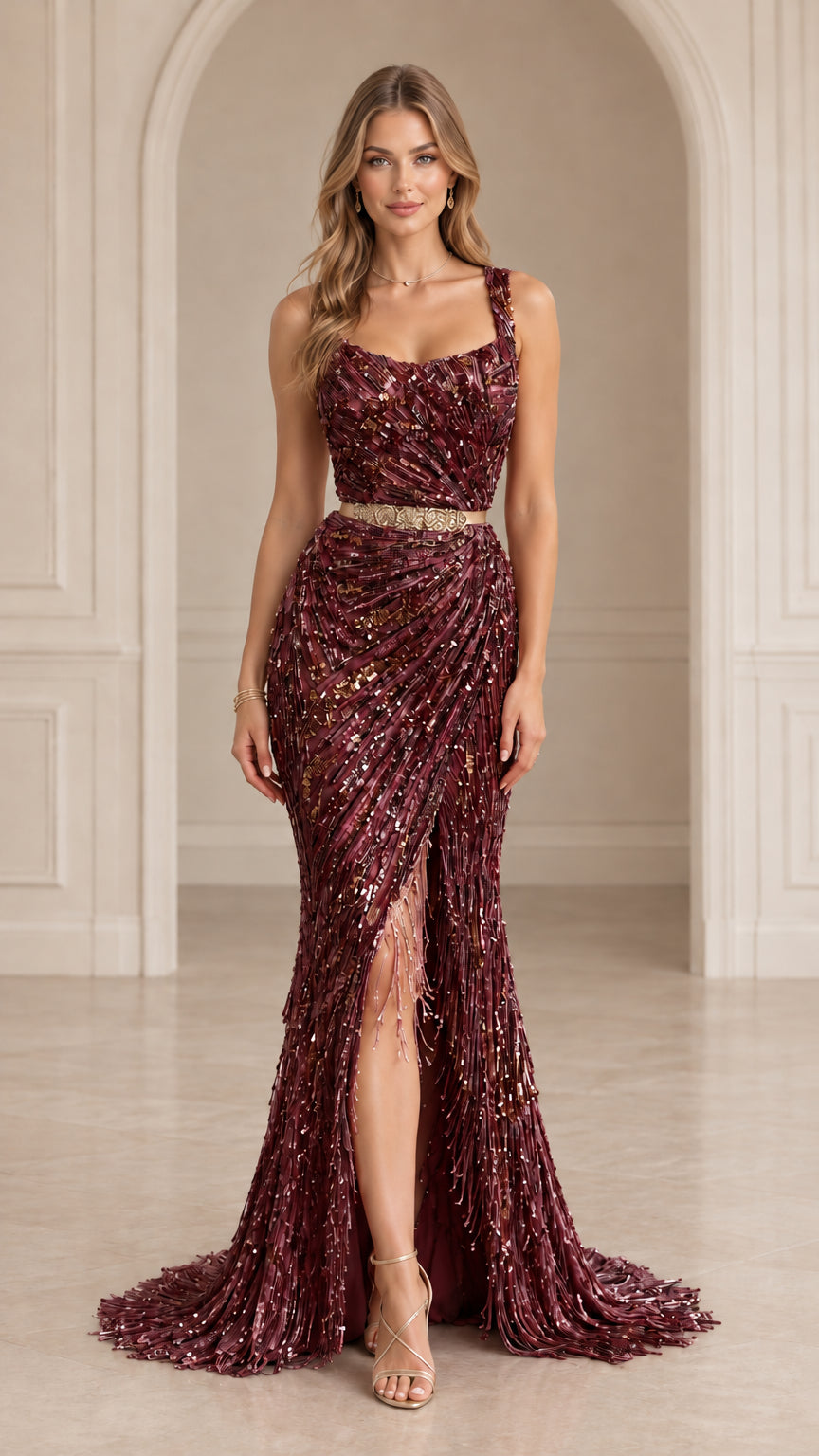 Front view of woman wearing burgundy wine red sequined fringe formal dress