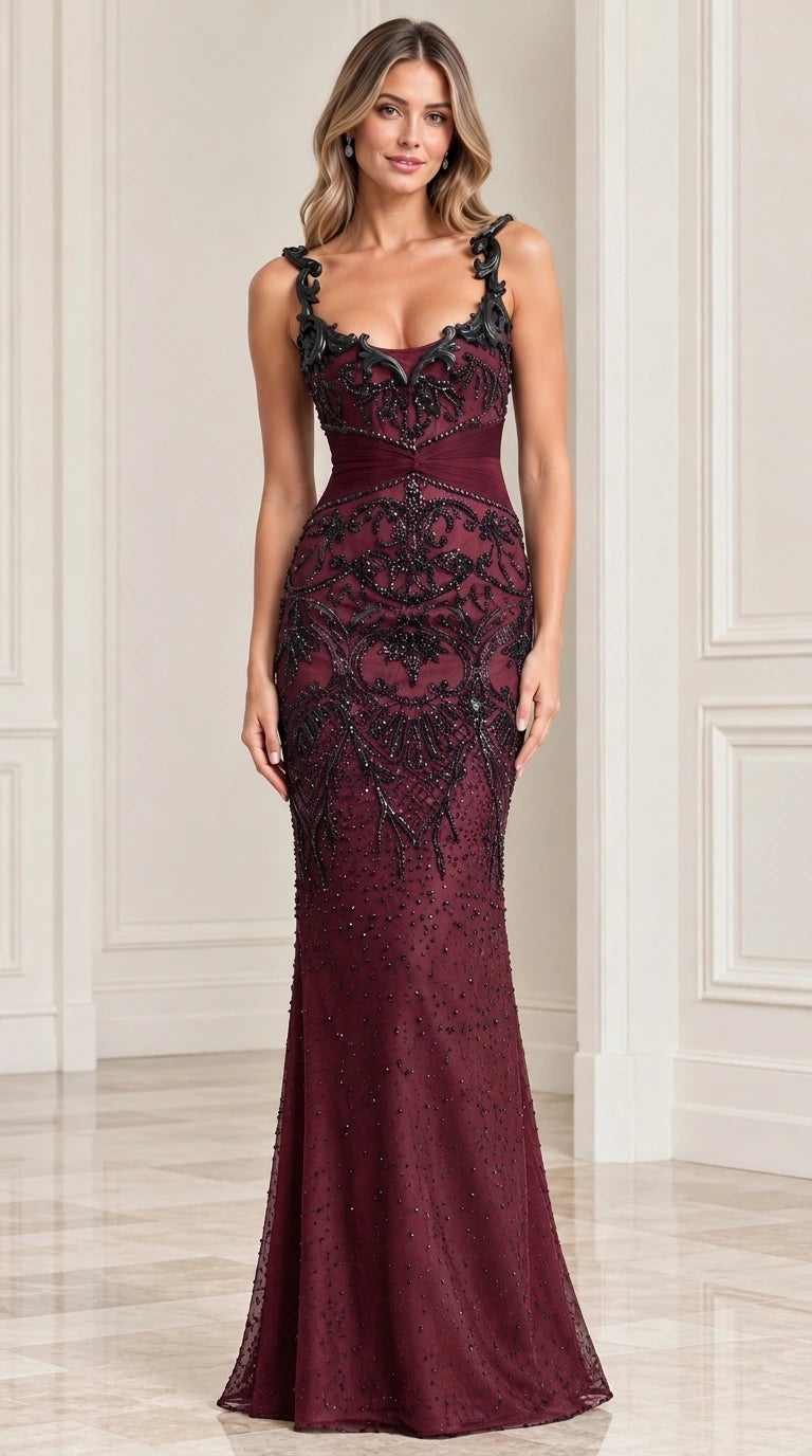 Burgundy evening gown with black sequin embellishments and ruched waist