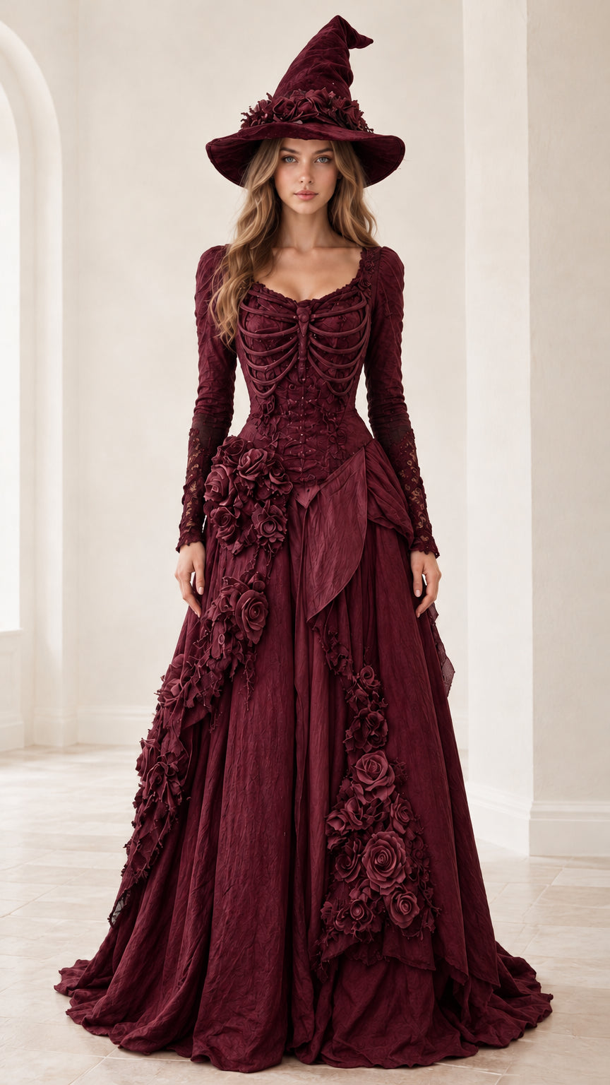Front view of burgundy wine red gothic fantasy dress with sculpted skeleton bodice and hat