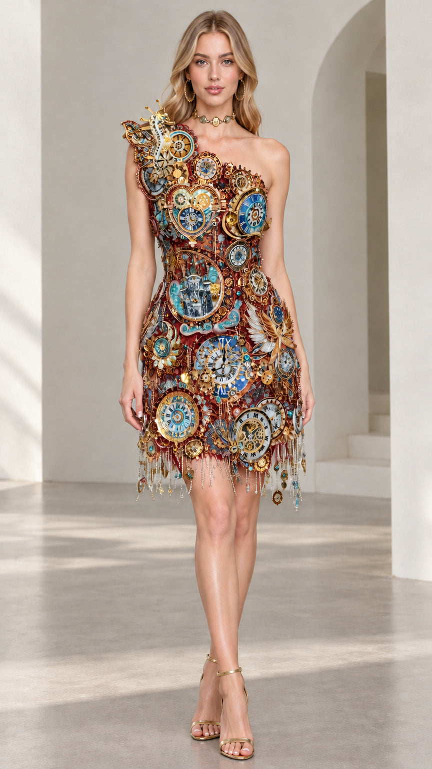 Front view of burgundy red and gold one-shoulder embellished fringe mini dress variant