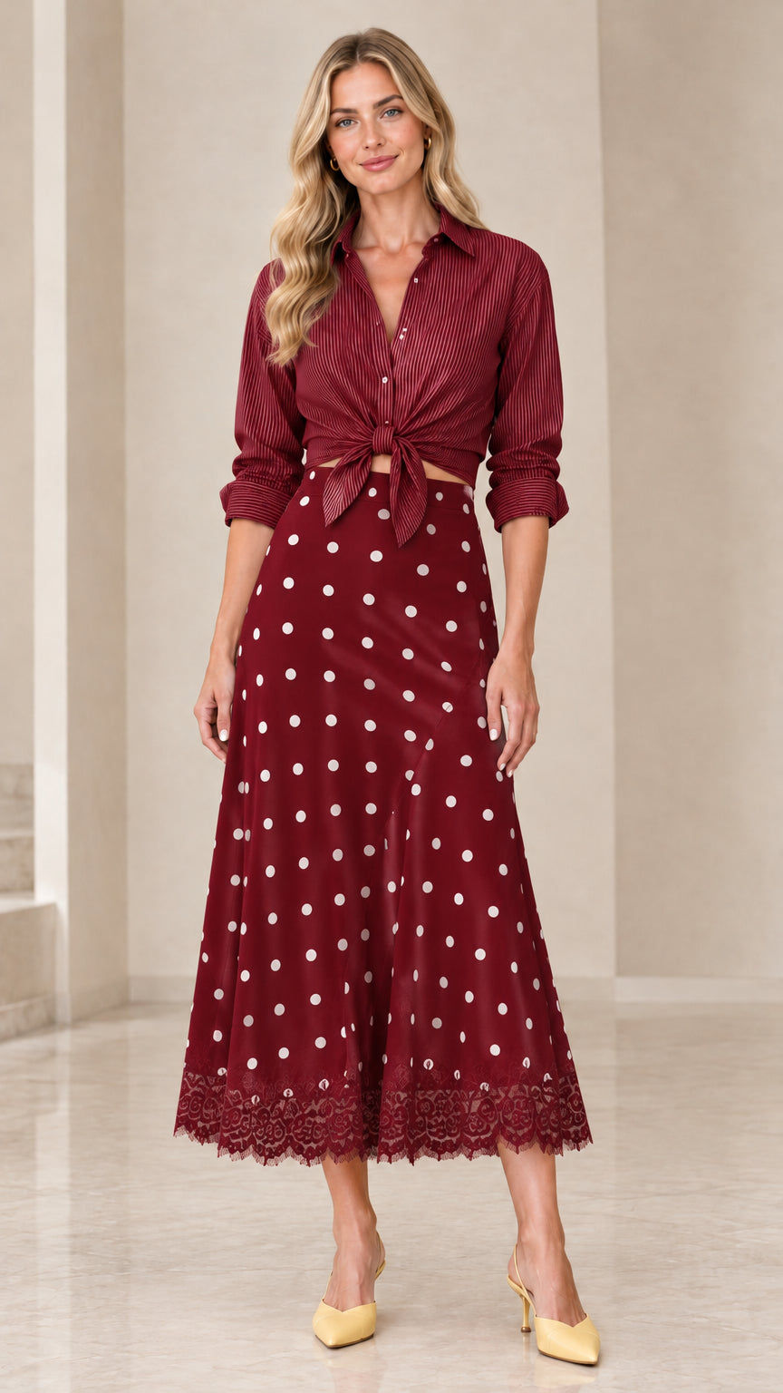 Burgundy striped tie-front shirt and matching burgundy polka dot midi skirt