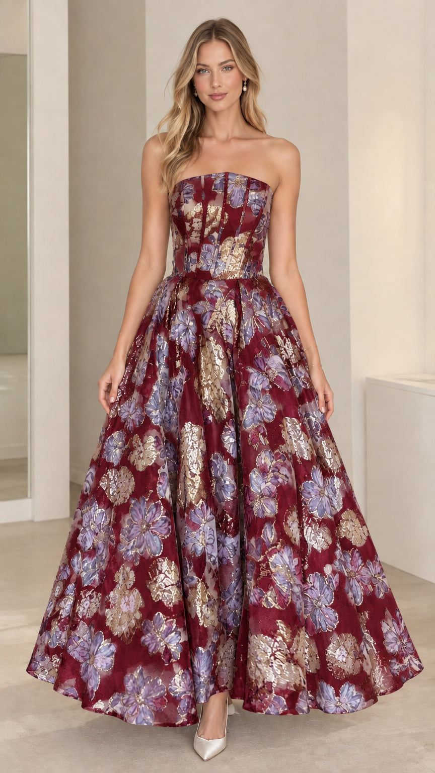 Full-length view of burgundy red and gold floral jacquard strapless ballgown