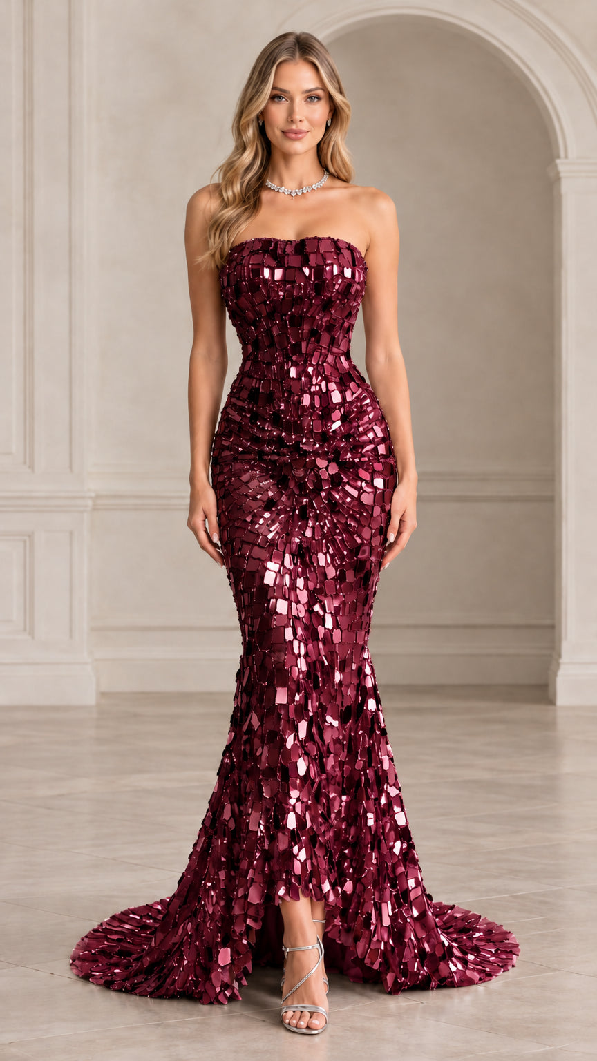 Woman wearing burgundy strapless mirrored sequin mermaid evening gown