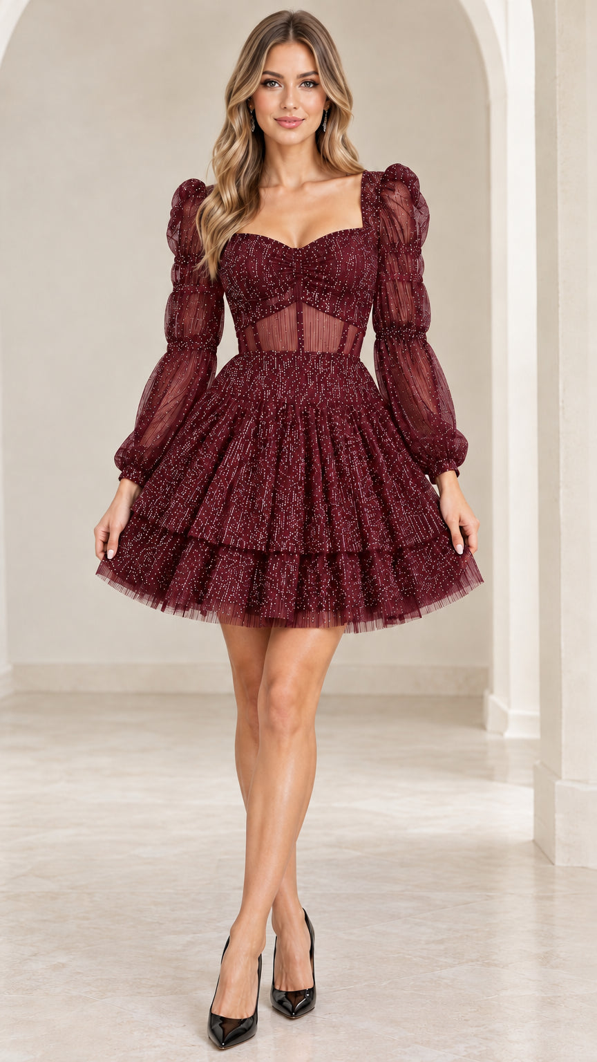 Burgundy wine red glitter corset mini dress with tiered tulle skirt
