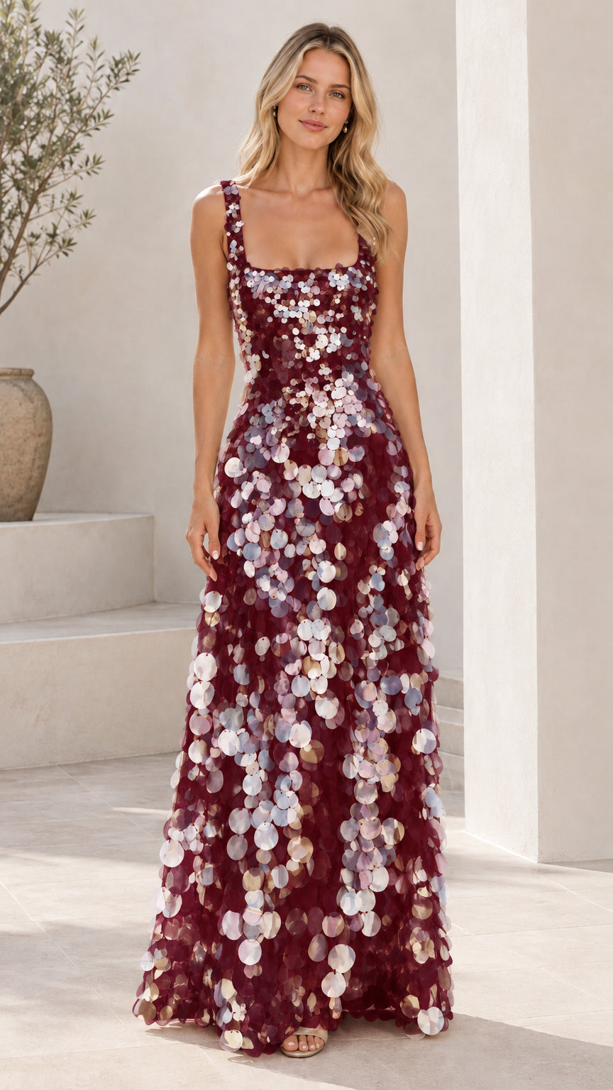 Burgundy wine red square neck sleeveless paillette maxi dress