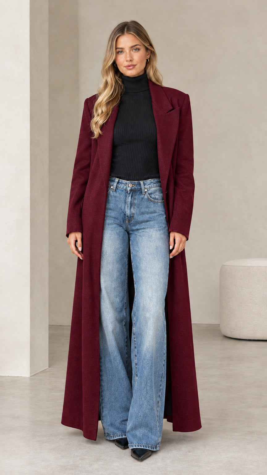 Front view of woman wearing burgundy floor-length tailored maxi coat