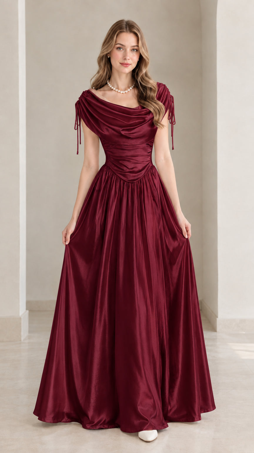 Front view of model wearing burgundy cowl neck satin formal evening gown
