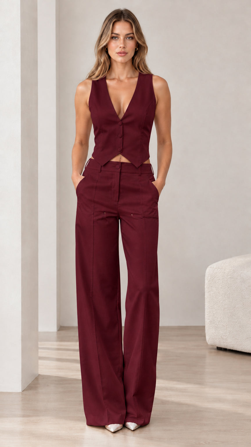 Model wearing rich burgundy tailored vest and matching wide-leg trousers set