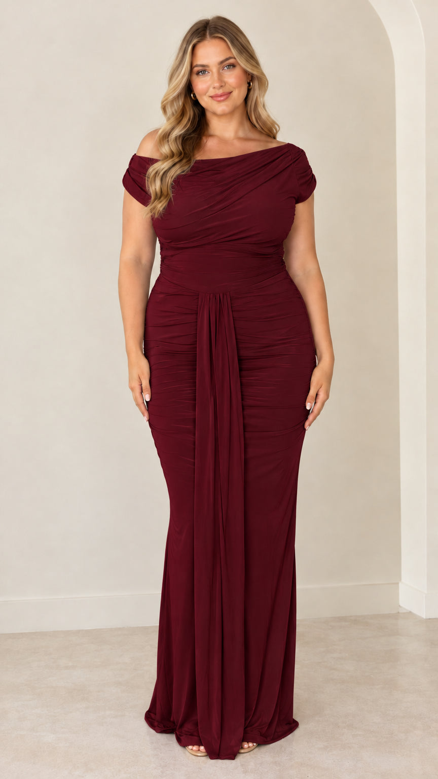 Burgundy wine off-the-shoulder ruched floor-length gown front view