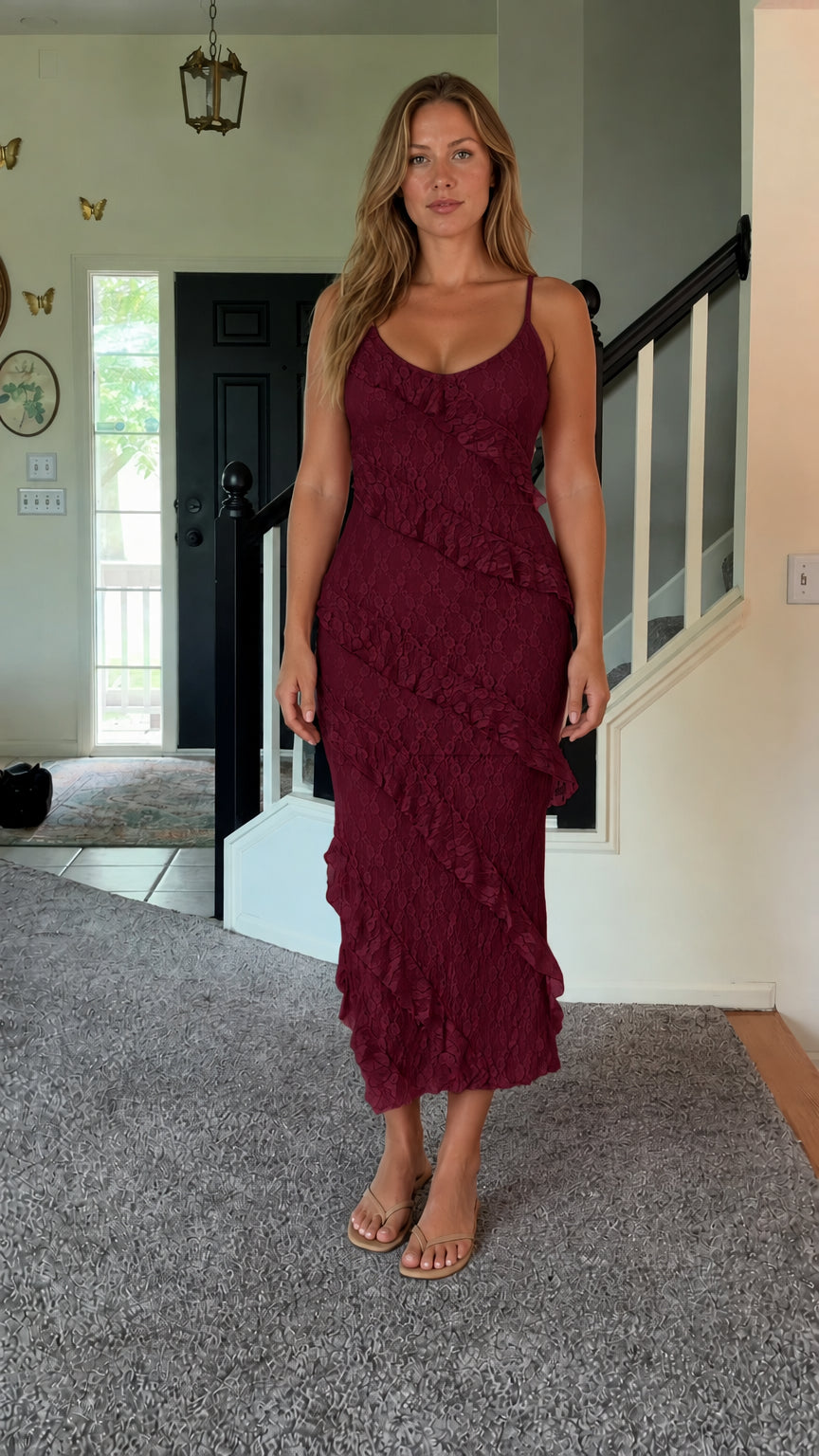 Front view of woman wearing burgundy wine floral lace ruffle cami midi dress