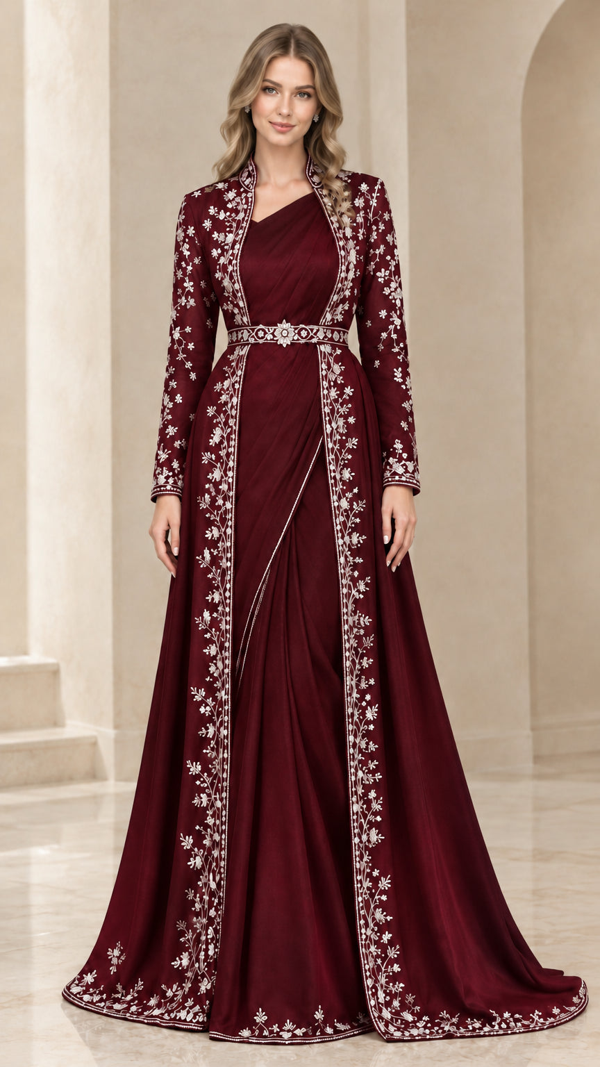 Front view of rich burgundy wine embroidered formal gown and coordinating duster coat set