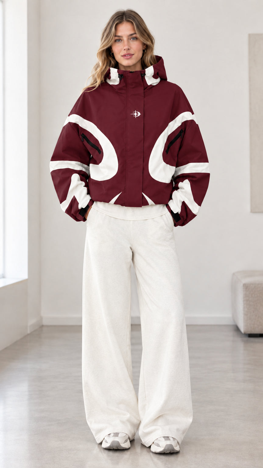Front view of model wearing burgundy and white colorblock hooded jacket
